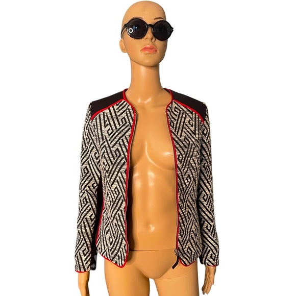 H&M Geometric Printed Knit Fitted Zip Up Blazer Jacket Black White Size 4 - Picture 1 of 13